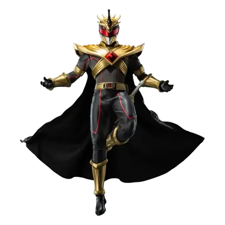Figurină Lord Drakkon Evo III 1/6 Threezero din Power Rangers Shattered Grid, cu armură aurie și mantie neagră