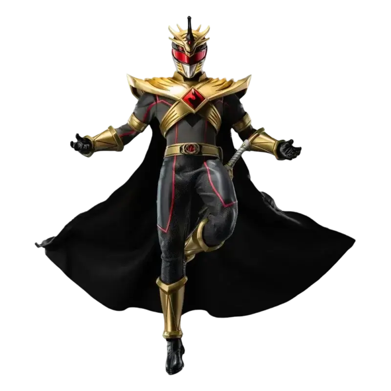 Figurină Lord Drakkon Evo III 1/6 Threezero din Power Rangers Shattered Grid, cu armură aurie și mantie neagră
