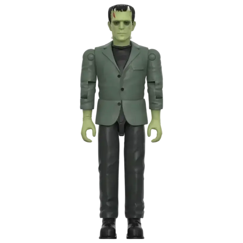 Figurina Frankenstein Super7 ReAction+ cu piele verde, sacou gri și pantaloni negri