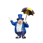 Figurina Pinguin NECA Toony Classics – Oswald Cobblepot cu joben albastru, monoclu și umbrelă colorată