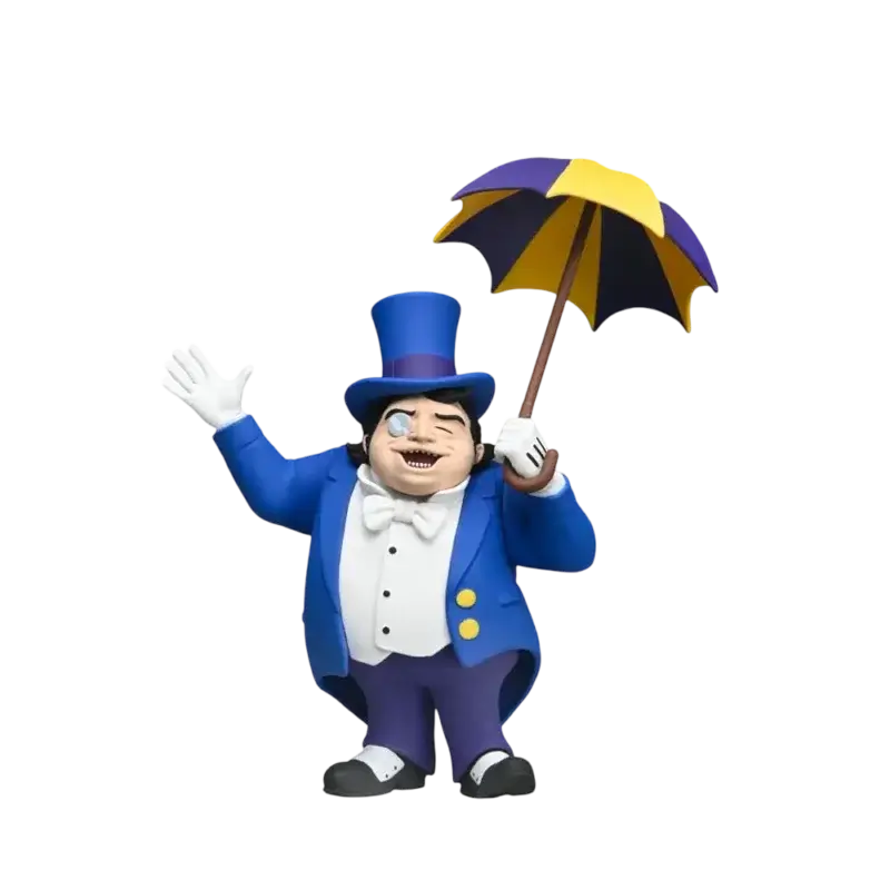 Figurina Pinguin NECA Toony Classics – Oswald Cobblepot cu joben albastru, monoclu și umbrelă colorată