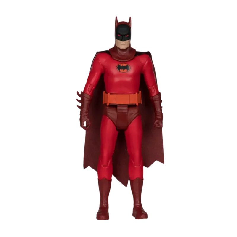 Figurină Batman Universe of Evil cu costum roșu și mantie închisă la culoare